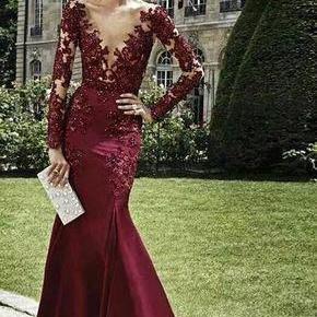 Charming Sexy Mermaid Prom Dresses V-Neck Appliques Long Sleeve Lace Evening Dresses Floor Lengtn Party Dresses Satin Fabric High Quality Custom Made Formal Dresses Wine Red Prom Dress
