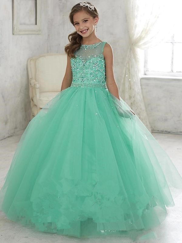 2017 Cute Mint Green Little Girls Pageant Dresses Tulle Sheer Crew Neck ...